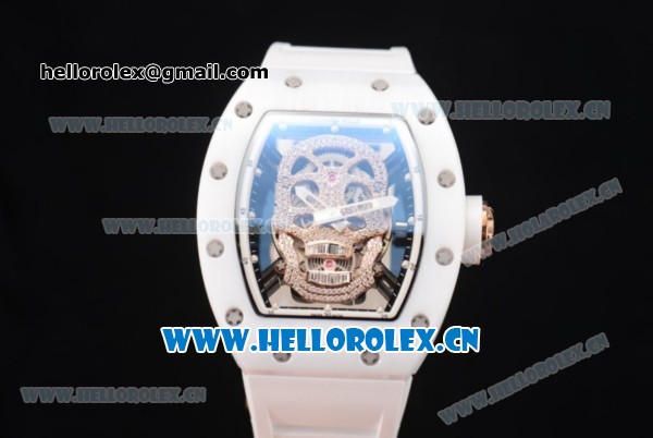 Richard Mille RM052 Miyota 9015 Automatic Rose Gold Case with White Rubber Strap and Skull Dial Dot Markers - Click Image to Close